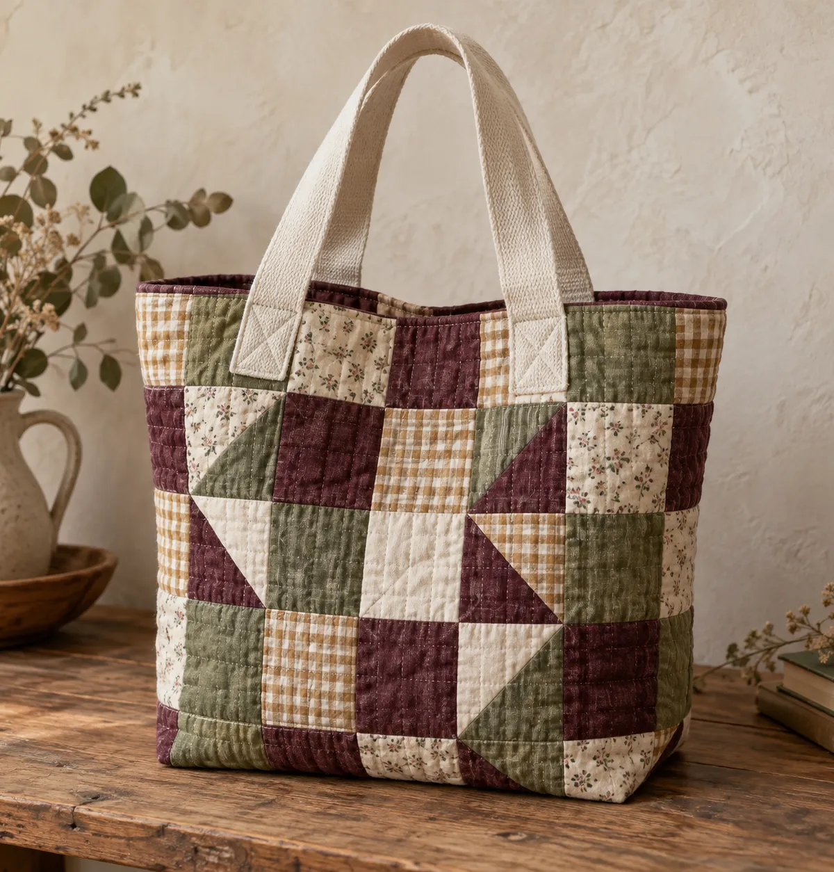Concept photo of a quilted patchwork tote in plum, olive, cream, and ochre with ivory handles