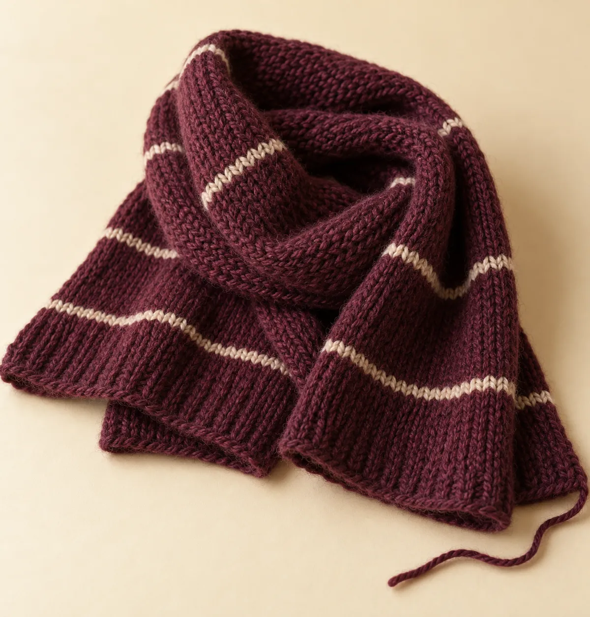 Concept photo of a folded plum knitted scarf with fine cream stripes and visible stitch texture