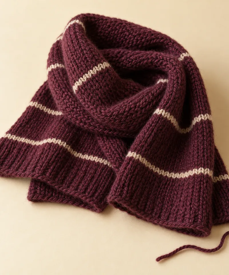 Concept photo of a folded plum knitted scarf with fine cream stripes and visible stitch texture