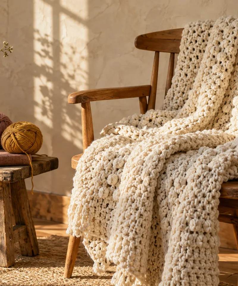 Concept photo of a chunky cream throw draped over a wooden chair in afternoon sunlight
