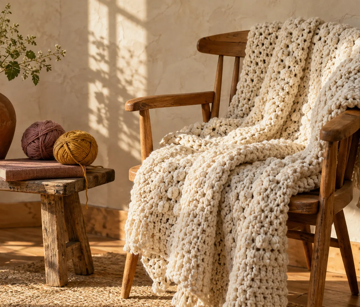 A sample cream throw on a wooden chair, yarn and flowers nearby, in warm afternoon sunlight